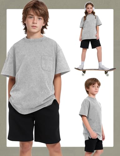 Image of COZYPOIN Unisex Kids Vintage Acid Wash Cotton Tees Crew Neck 3-16Y | 100% Cotton Boys Oversized T Shirt, Crew Neck, Short Sleeve, Front Pocket, Vintage Acid Washed Kids Tees for Boys Girls