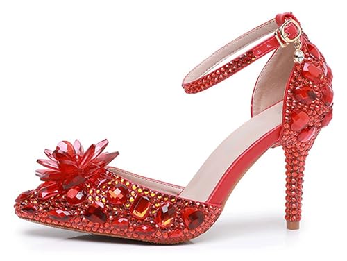 Minishion Womens Rhinestone Wedding Shoes Pumps with Flower Evening Prom Heels2