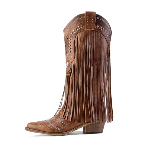 Fringe Cowboy Boots for Women Wide Calf Embroidered Tassal Cowgirl Boot Knee High Snip Toe Pull On Western Shoes2