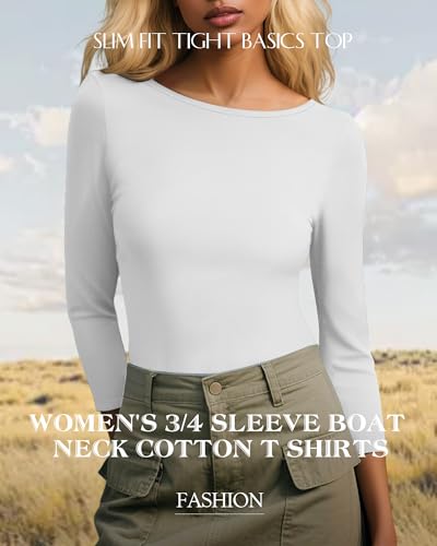 Ficerd 3 Pack Women's 3/4 Sleeve Boat Neck Cotton T Shirts Slim Fit Tight Basics Top Casual Comfy Tees2