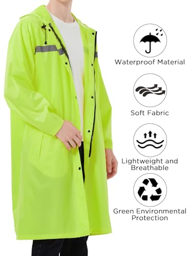 Image of Mens Long Safety Rain Coats with Air Vents Reflective Stripes Waterproof Packable Rain Jacket with Hood Lightweight