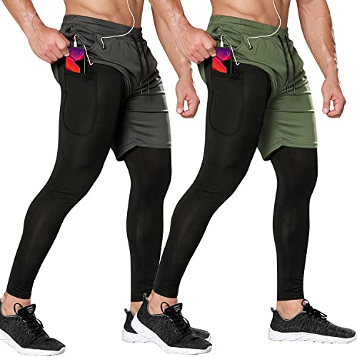 Odoland 2 Pack Mens Compression Running Pants, 2 In 1 Quick Dry Athletic Workout Sweatpants Shorts Gym Leggings With Pocket, Grey/Army Green, M #TOP10