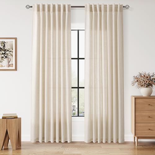 Image of Nanspring Linen Curtains 84 Inch Length 2 Panels Set for Living Room Farmhouse Decor Light Filtering Semi Sheer Curtain Back Tab and Rod Pocket Neutral Luxury Rustic Coastal Drapes for Bedroom 52x84