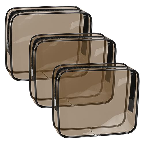 APREUTY Clear Makeup Bags, TSA Approved 3 Pcs Medium Cosmetic Makeup Bags Set Clear PVC with Zipper Portable Travel Luggage Pouch Airport Airline Vacation Organization (Black Brown)