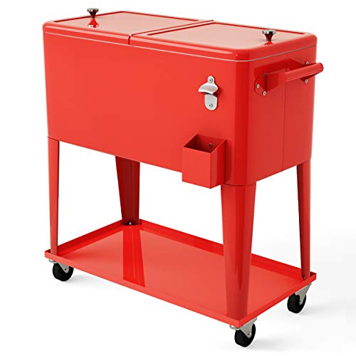 COSTWAY 80-Quart Rolling Ice Chest, Stainless Steel Beverage Cooler Cart with Shelf, Wheels, Bottle...
