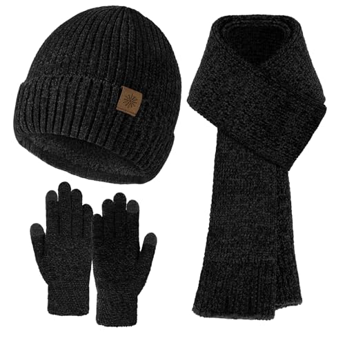 Winter Hat Gloves Scarf Set for Women Men, Warm Lining Beanie Hats Touchscreen Gloves Thick Soft Scarf, Black