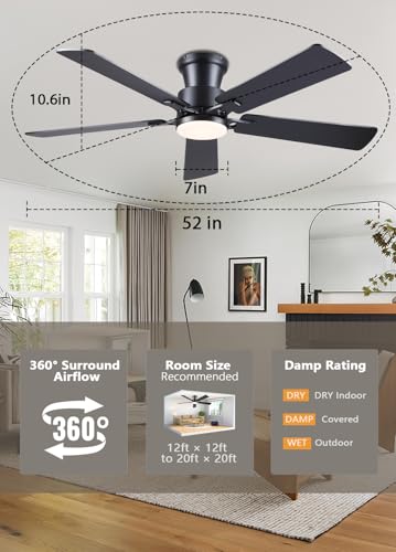 Image of JSAITEE 52 inch Ceiling Fans with Lights Flush Mount Low Profile, Black | Ceiling Fans with Lights Flush Mount Ceiling Fan,Low Profile,Reversible Motor,3CCT Dimmable,Noiseless, 6 Speeds, Black Modern