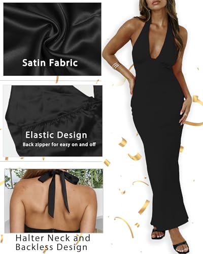 Image of Women's Satin Dresses Summer Bodycon Sexy Halter V Neck Backless Elegant Formal Prom Cocktail Wedding Guest Maxi Dress