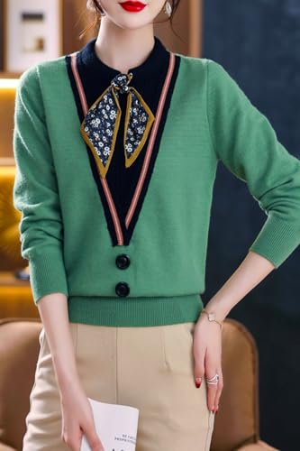 Image of LAI MENG FIVE CATS Women's Fall Tie Neck Sweater Shirt Long Sleeve Patchwork Knit Retro Pullover Tops