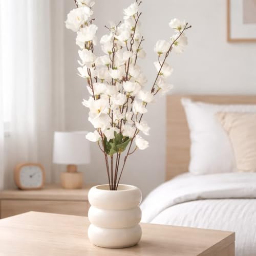 Image of Artificial White Flower Stems in Modern Ceramic-Style Pot Faux Blossom Arrangement for Home Decor, Living Room, Bedroom, Office Desk, Table Centerpiece & Interior Decoration