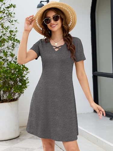 Image of KORSIS Women's Dresses Summer Casual T-Shirt Short Sleeve Criss Cross V Neck Swing Beach Vacation Sundress Dress with Pockets