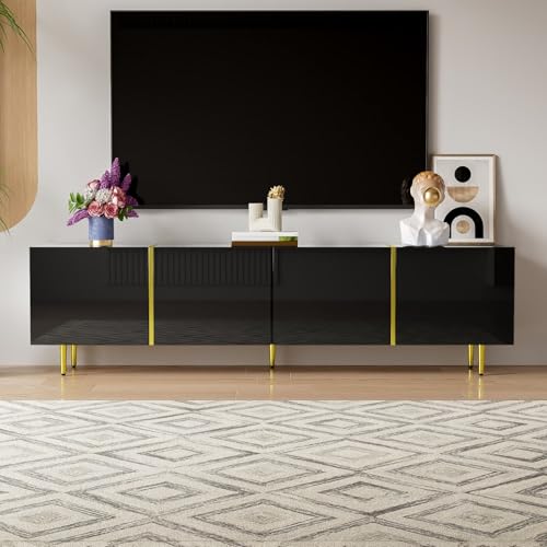 PUGSDRLY Meuble TV Noir Brillant de 170 × 35 × 46 cm, Meuble Bas avec Quatre Portes, Design...