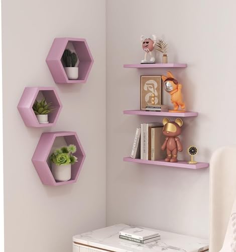 Image of Wooden Floating Shelves Wall Mounted - Set of 6 Hexagon Shelves Display for Photos,Plants,Rustic Honeycomb Shelves for Living Room, Bedroom,Bathroom, Kitchen, Office (Pink)