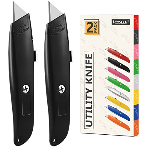 Image of DIYSELF 2 Pack Box Cutters Retractable Utility Knife, Black | Heavy Duty Utility Knife for Cardboard, Plastic, Vinyl and Carpet, Durable PVC Pipe Cutter for Garage, Shop and Home Use