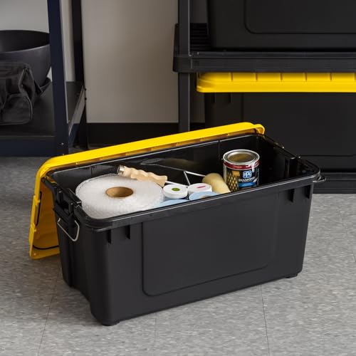Image of IRIS USA WeatherPro 21 Gallon Lockable Storage Bins with Lids, 4 Pack - Made in USA, Heavy Duty, Stackable Containers, Garage Organizing Tubs, Rugged Sturdy Equipment Utility Box - Black /Yellow