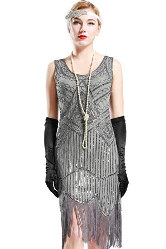 BABEYOND Vestido Flapper de los años 20, vestido de disfraz de Gran Gatsby con flecos y lentejuelas adornado con estilo Art Deco, Negro y gris, 3X-Large Cover