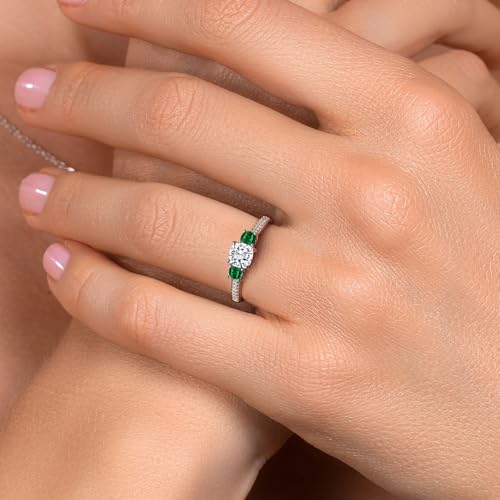 Gem Stone King 925 Sterling Silver White Moissanite and Green Nano Emerald 3 Stone Engagement Ring For Women | 1.04 Cttw | Cushion 5MM and 3MM | Available In Size 5, 6, 7, 8, 94