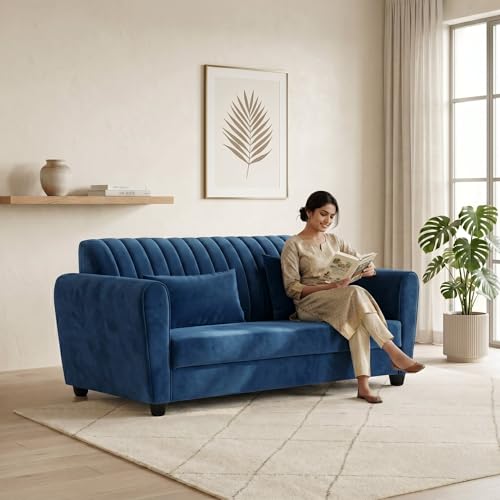 Image of Velvet 2 Seater Sofa, Chesterfield Tufted Sofa with Nailhead Trim, Rolled Arm Sofa with Wood Legs for Living Room & Office (Blue)