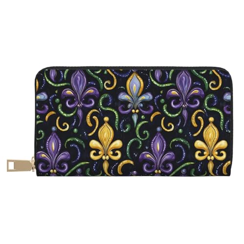 Purple Gold Fleur Design Print Wallet Women Men, Long PU Leather Wallets for Women, Cute Womens Travel Wallet Purse Pouch with Zipper Pocket