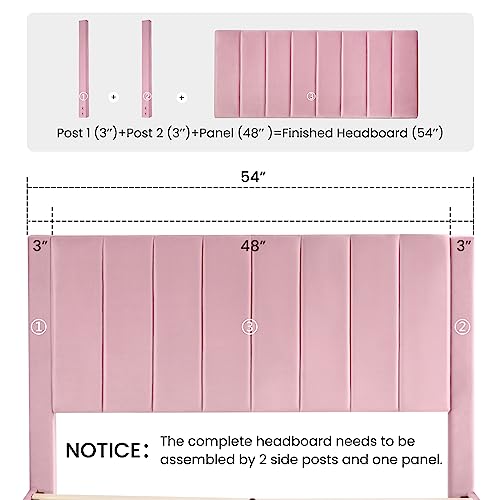 Sha Cerlin Full Size Vertical Channel Platform Bed Frame/Velvet Upholstered Bed Frame With Headboard/Strong Wood Slats Support/Mattress Foundation/No Box Spring Needed/Pink #TOP5