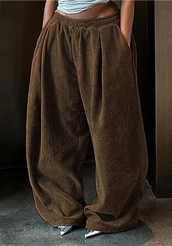 YOOTIKO Womens Baggy Corduroy Pants Elastic High Waisted Fall Comfy Casual Loose Straight Wide Leg Trousers2