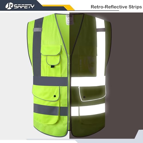 Image of JKSafety 9 Pockets High Visibility Safety Vest for Men and Women, Hi-Vis Reflective Yellow Safety Vests with Zipper Front, Meet ANSI /ISEA Class 2 Type R(159-Yellow 5XL)