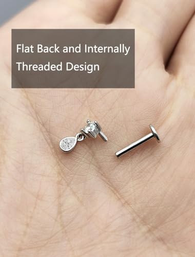 Sterling Silver 925 Flat Back Earring for Women 1PC 16G Helix Piercing Jewelry Dangle Cartilage Earring Internally Threaded Tragus Forward Conch Stud CZ Ear Ring 8mm Gifts3