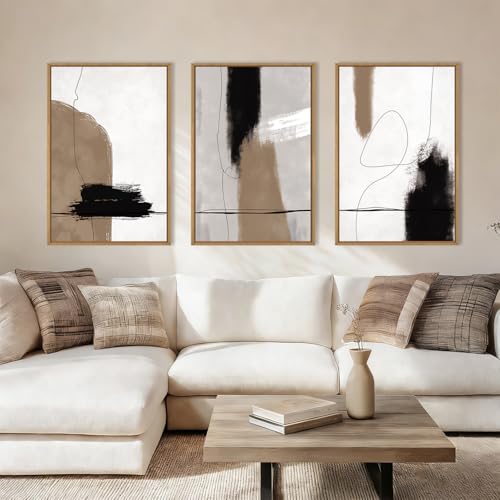 Image of KAIRNE Abstract Neutral Framed Canvas Wall Art Set,Abstract Black Brown Wall Decor,Modern Color Blocks Art Prints,Minimalist Brush Strokes Artwork for Living Room,Bedroom,Farmhouse,Office-16 x24 x3