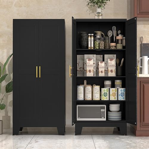 Image of PAOFIN Metal Kitchen Pantry Storage Cabinet | 61 inch Freestanding Cupboard with 3 Adjustable Shelves for Kitchen, Living Room and Dining Room (Black)