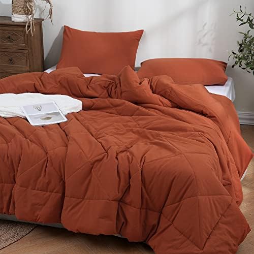 ATsense King Size Comforter Set Rust, 3 Pieces 100% Washed Cotton Linen Feel Super Soft, Lightweight Comfortable Warm Burnt Orange Terracotta Pumpkin Bed Set for All Season(1 Comforter, 2 Pillowcases)