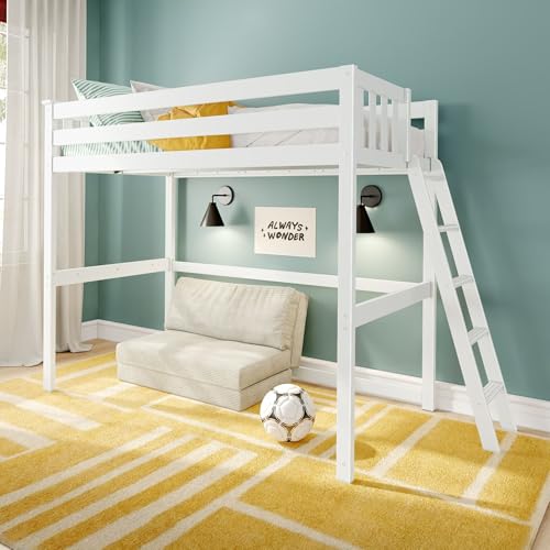 Max & Lily Twin Loft Bed with Ladder on End – Solid Wood Kids Loft Bed, Space-Saving Design, High Loft Frame for Bedroom Storage, White