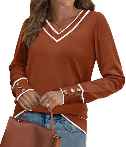 Image of WIHOLL Lightweight Sweaters for Women Long Sleeve V Neck Knit Outfits with Decorative Buttons