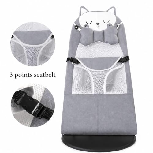 Image of Bouncer Balance Chair, Soothing Rocker Recliner Seat with Breathable Mesh and Cartoon Cat Pillow.