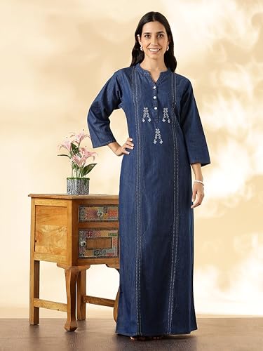Image of 9shines Label Comfortable Cotton Denim Finish Nightdress for Women with Button Placket and Pocket(9SDLSS)