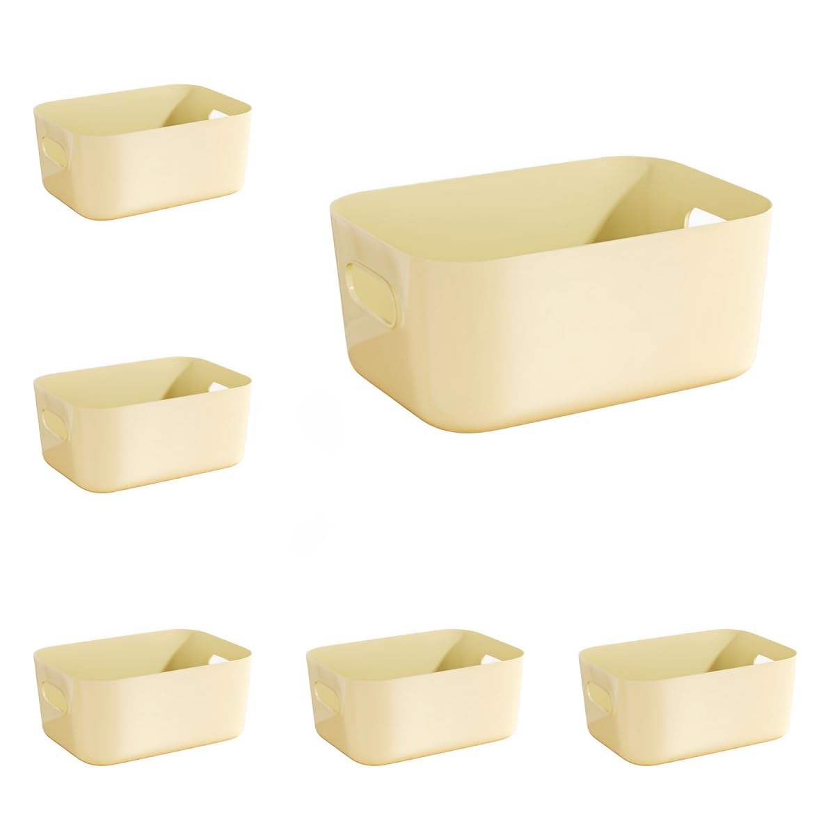 Jporshu Light Yellow 6Pcs Storage Box，Plastic Storage Baskets With Handle,，Rectangular Storage Boxes For Shelves，For Kitchen, Cupboard, Office, Bathroom, Toy, Home Tidy ﻿ (, 21X14x7cm)