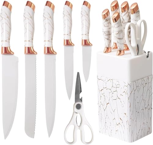 Image of MAMYA Kitchen Knife Set, 7-Piece with Knife Holder Block, Non-Stick Non-Slip Sharp Stainless Steel Suitable for Home and Restaurant (White)