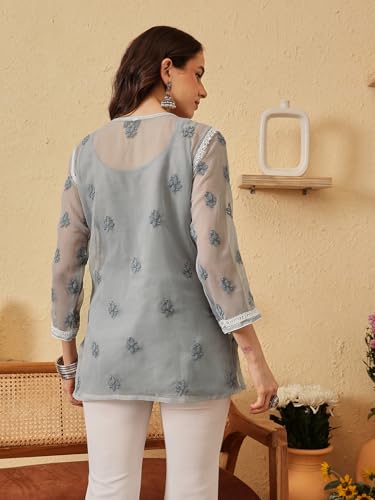 Image of Ada Women's Georgette Regular Fit Chikankari Hand Embroidered Lucknowi Short Top Kurti with Slip A211683