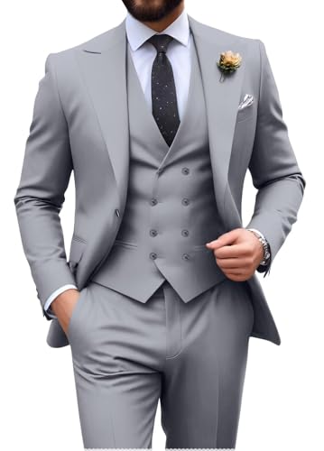 Image of Mens Suit Slim Fit 3 Piece Double Breasted Suit Men Formal Tuxedo Set Casual Wedding Prom Groom Suits