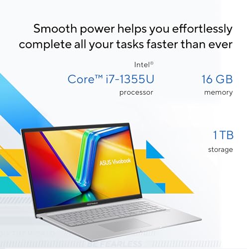 Image of ASUS Vivobook 17 Laptop, 17.3 inch FHD 60Hz Display, Intel Core i7-1355U, Intel Iris Xe Graphics, 16GB Memory, 1TB Storage, Cool Silver, F1704VA-ES76
