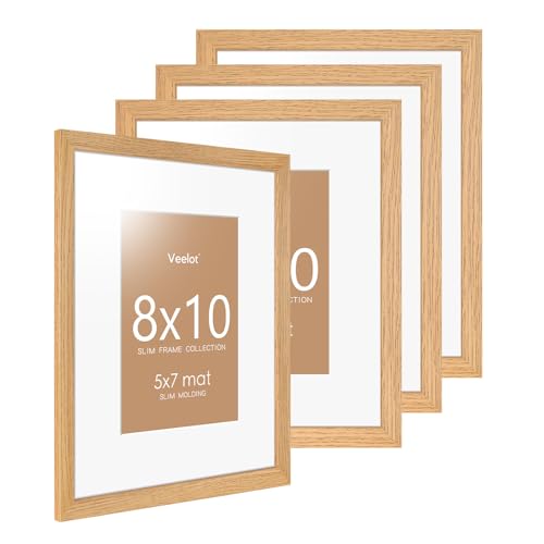 Image of Veelot 4x - 8x10 Picture Frame with Shatter-Resistant HD Plexiglass - Use as 5x7 Frame with Mat or Display 8x10 Photo Without Mat- Picture Frames for Tabletop and Wall - Natural Oak