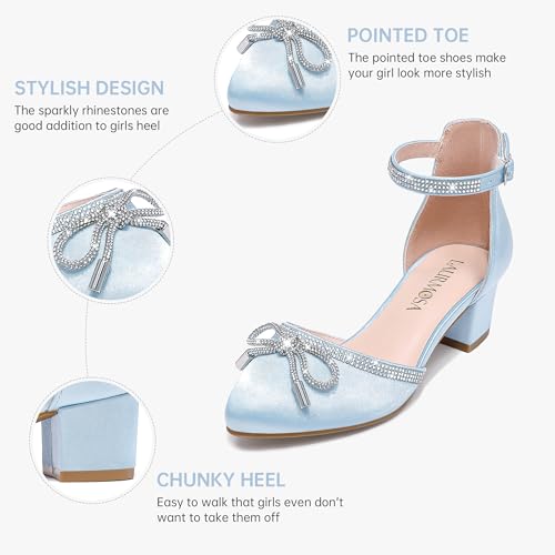 Image of LAURMOSA Girls Sandals Closed Toe High Heels Pointed Toe Ankle Strap Pumps Flower Girl Dressy Shoes in Wedding Party Cute Bowknot Chunky Block Heeled for Little Big Kids