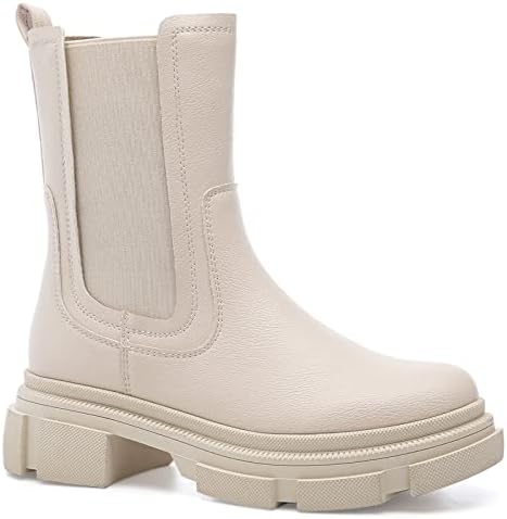 YETIER Women Mid Calf Platform Chelsea Boots Lug Sole Elastic Leather Chunky Block Heel Non-Slip Combat Comfortable Booties