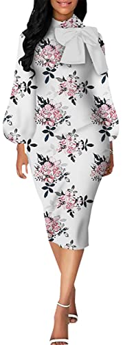 Image of Sexy Long Sleeve Dress for Women Solid Color Bow Knot Turtleneck Formal Gown Midi Casual Church Dresses