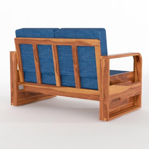Image of Sheesham Wooden 2 Seater Sofa for Living Room | Solid Wood Sofa with Side Pocket Storage & Cushion | Rosewood Sofa Set for Home & Office | Lounge (Honey with Blue Cushion, 2 Seater)
