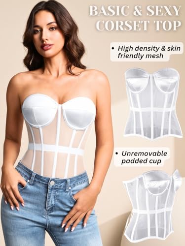 Image of Kaei&Shi Sheer Mesh Overbust Corset,Sexy Strapless Lace Up Satin Bra Corsets Top For Women Shapewear