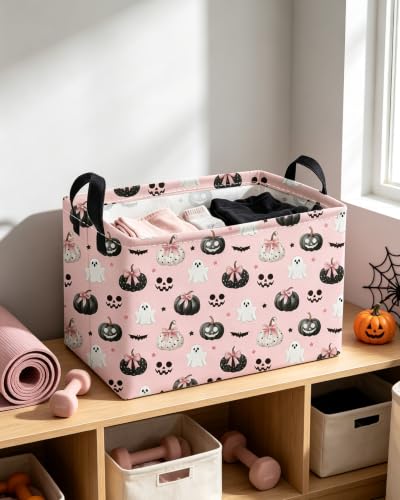 Image of Essme Rectangular Halloween Baskets,Ghost Storage Box,Cute Basket for Kids with Handles for Room Decor, Book Bins,Shelf Basket.(Bow Ghost)