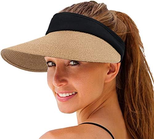 Women Straw Sun Visor Hat Wide Brim Summer UV Protection Beach Cap Foldable Packale Korean Style Khaki