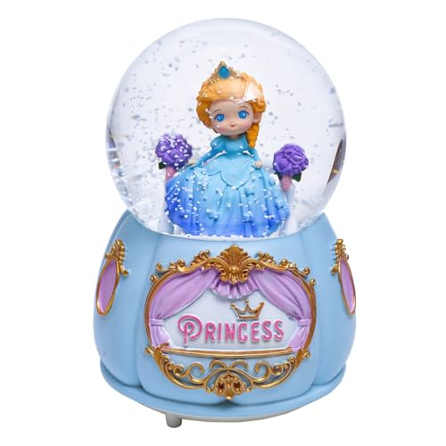 Dalekana Snow Globe with Light for Christmas & Birthday Gift, 80mm Crystal Musical Glitter Glass Water Ball Decoration, Princess - Blue Snowglobe, 3.5