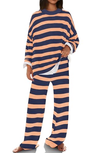 Image of SENSERISE Womens Striped Set Sweater Lounge Sets | Pajamas Set, Loungewear Set, Oversized Knit Sweater, Wide Leg Pants with Pockets, Fall Outfits, Pants Set
