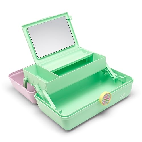 Image of Caboodles On-The-Go Girl Makeup Storage Box 2-Pack, Two-Tone Pink /Light Blue and Lavender /Light Green, Hard Plastic Makeup Organizer Box, Built-In Mirror, Secure Latch for Safe Travel